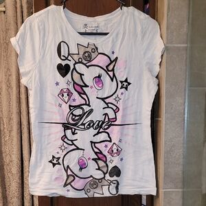 Tokidoki White Tee with Pink and Black Love Unicorn Design